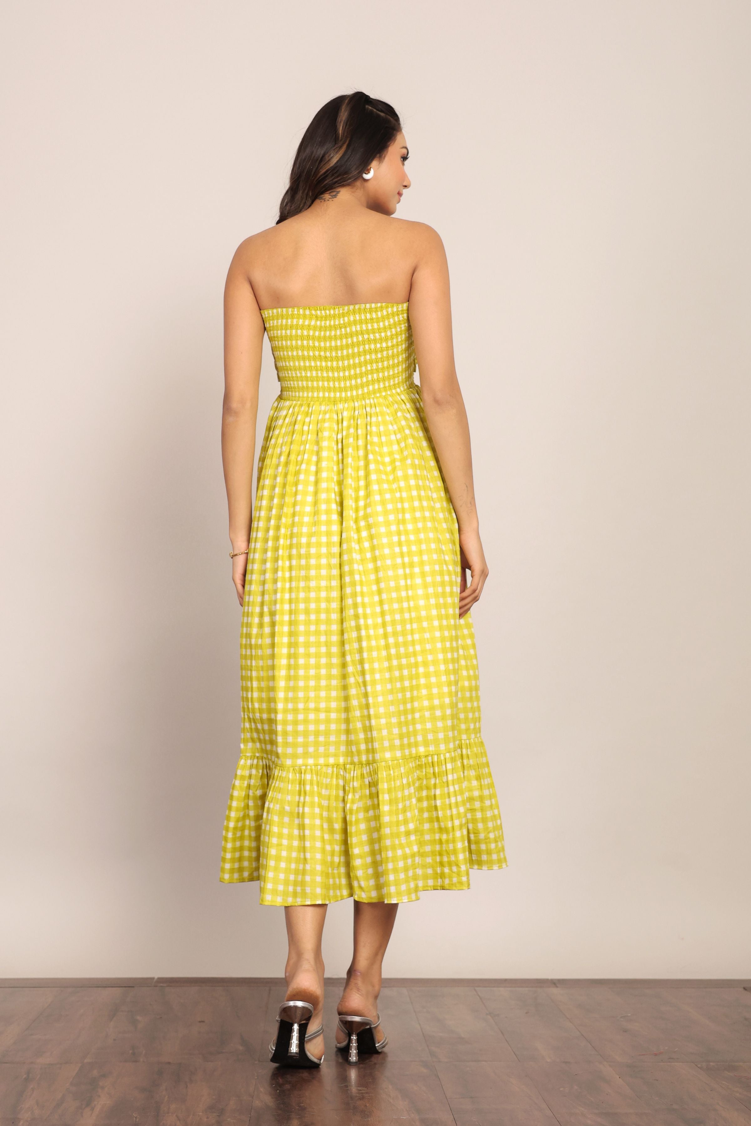 Green Checks 3 Way Styling Volume Sleeves Midi Dress - Kaoribyshreya