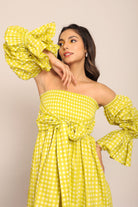 Green Checks 3 Way Styling Volume Sleeves Midi Dress - Kaoribyshreya