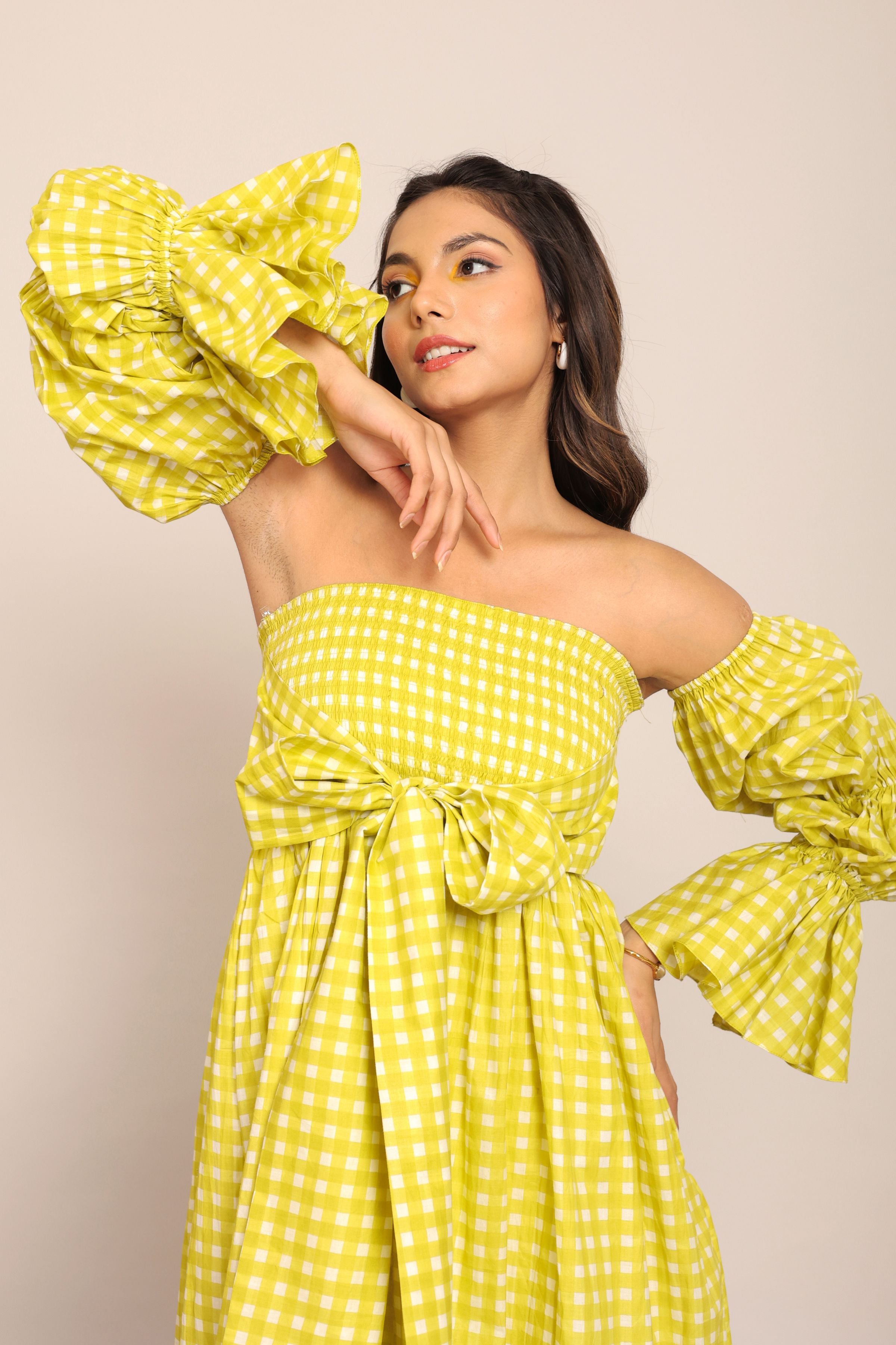 Green Checks 3 Way Styling Volume Sleeves Midi Dress - Kaoribyshreya