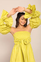 Green Checks 3 Way Styling Volume Sleeves Midi Dress - Kaoribyshreya