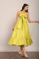 Green Checks 3 Way Styling Volume Sleeves Midi Dress - Kaoribyshreya