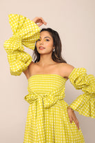 Green Checks 3 Way Styling Volume Sleeves Midi Dress - Kaoribyshreya
