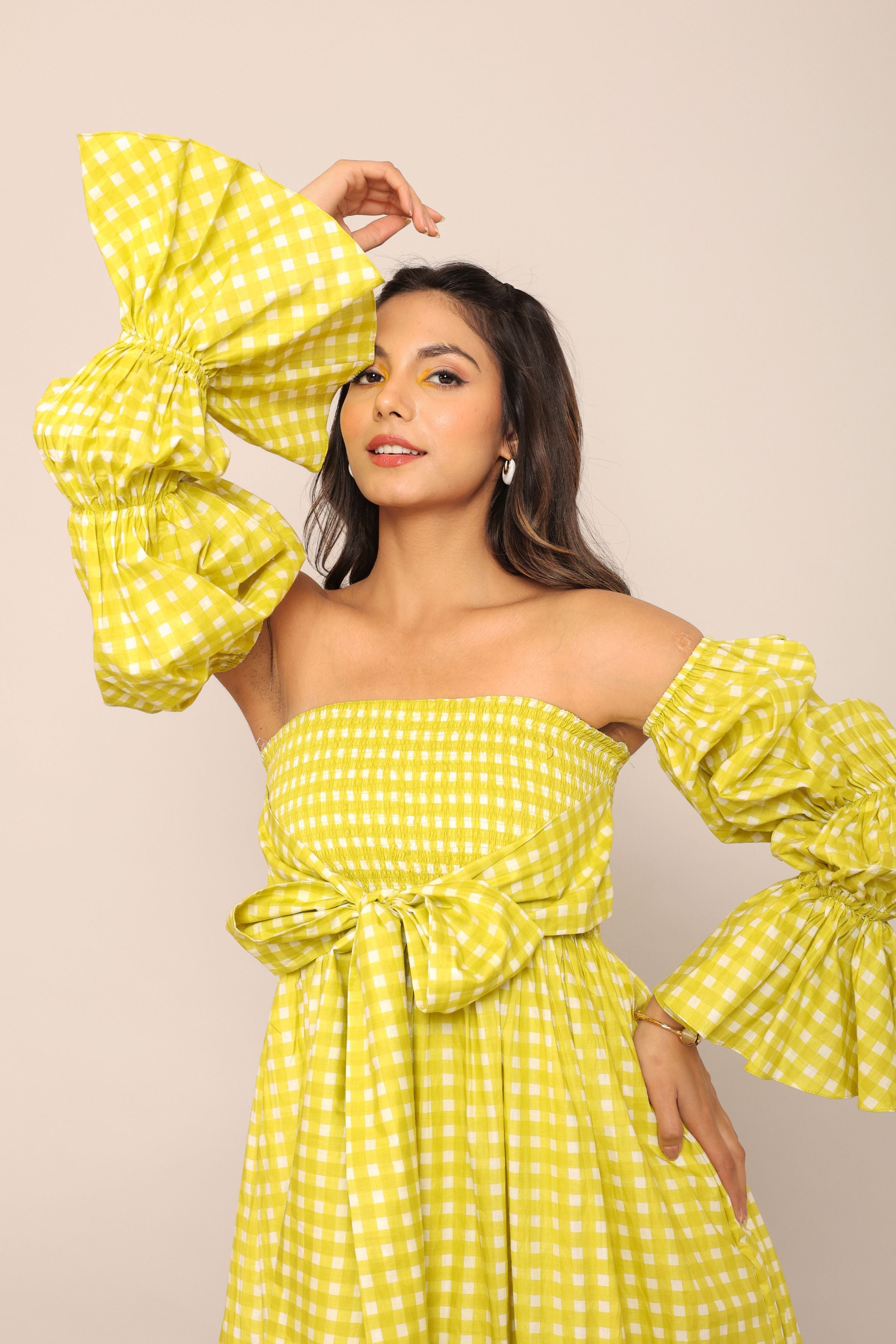 Green Checks 3 Way Styling Volume Sleeves Midi Dress - Kaoribyshreya