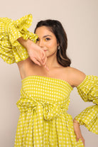 Green Checks 3 Way Styling Volume Sleeves Midi Dress - Kaoribyshreya