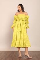 Green Checks 3 Way Styling Volume Sleeves Midi Dress - Kaoribyshreya