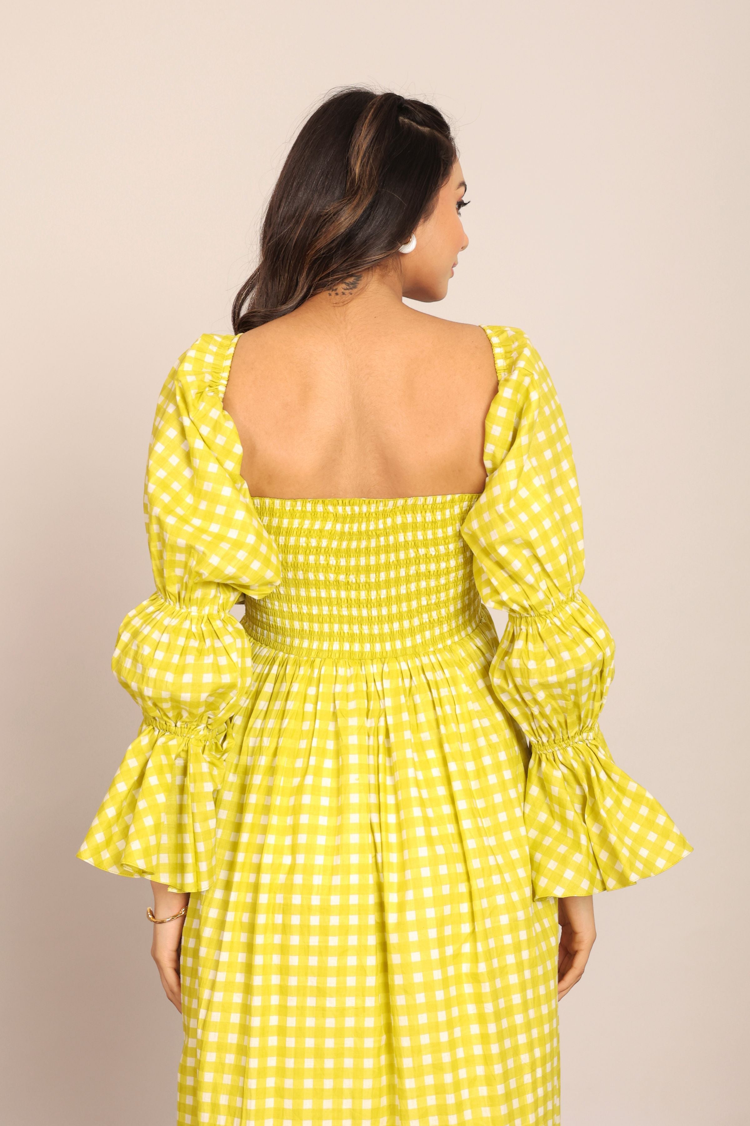 Green Checks 3 Way Styling Volume Sleeves Midi Dress - Kaoribyshreya