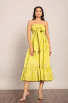 Green Checks 3 Way Styling Volume Sleeves Midi Dress - Kaoribyshreya