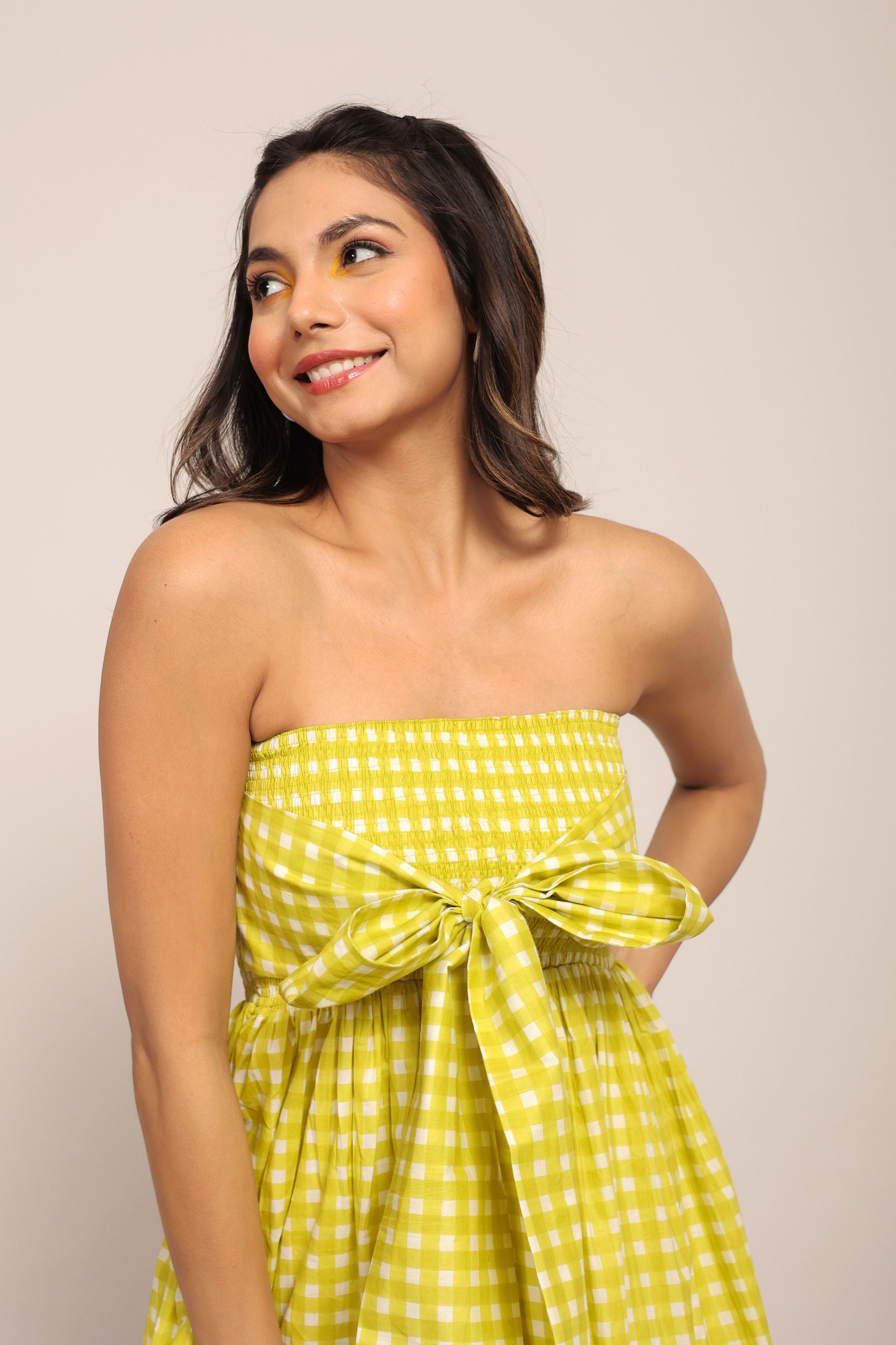 Green Checks 3 Way Styling Volume Sleeves Midi Dress - Kaoribyshreya