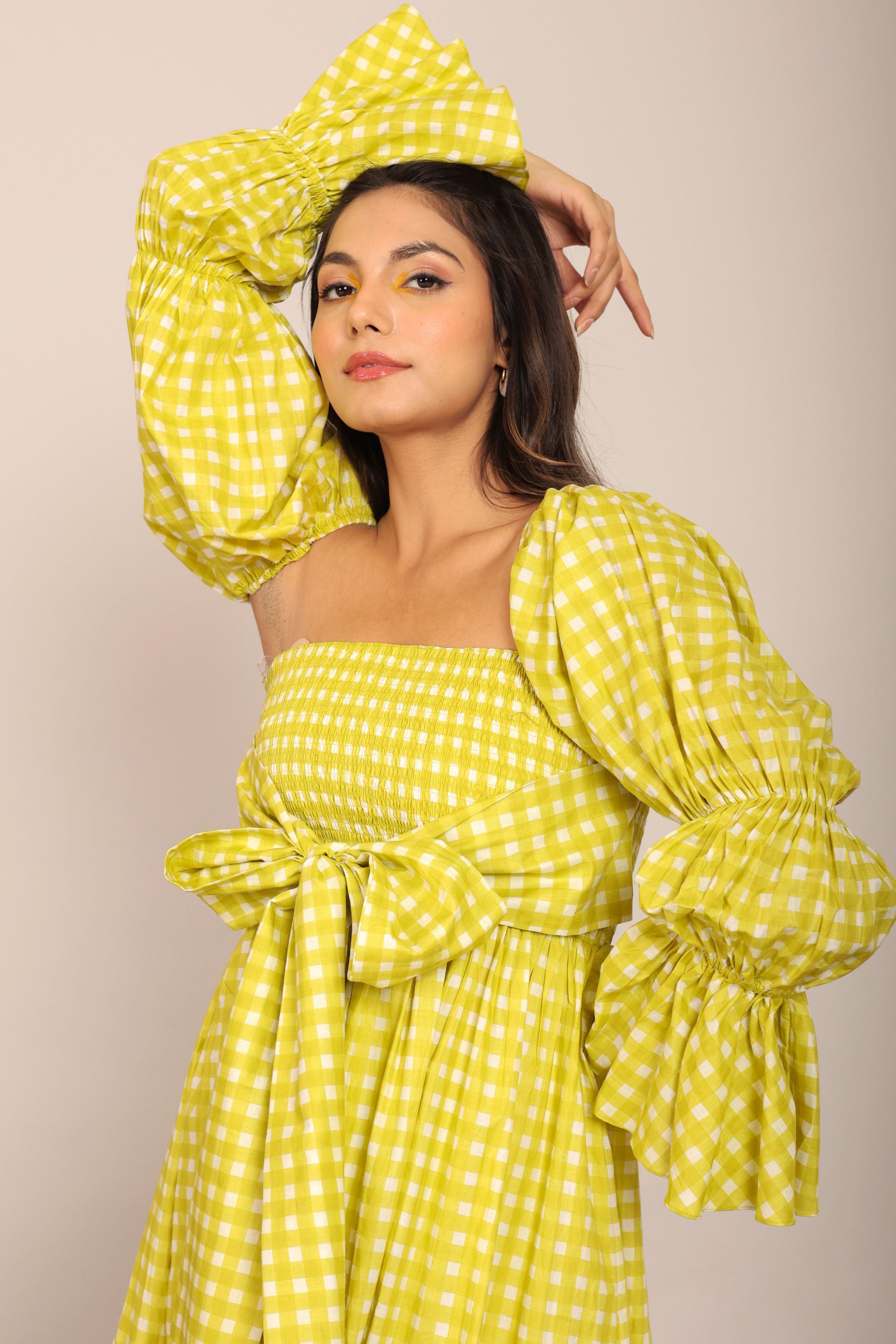 Green Checks 3 Way Styling Volume Sleeves Midi Dress - Kaoribyshreya