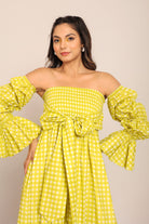 Green Checks 3 Way Styling Volume Sleeves Midi Dress - Kaoribyshreya