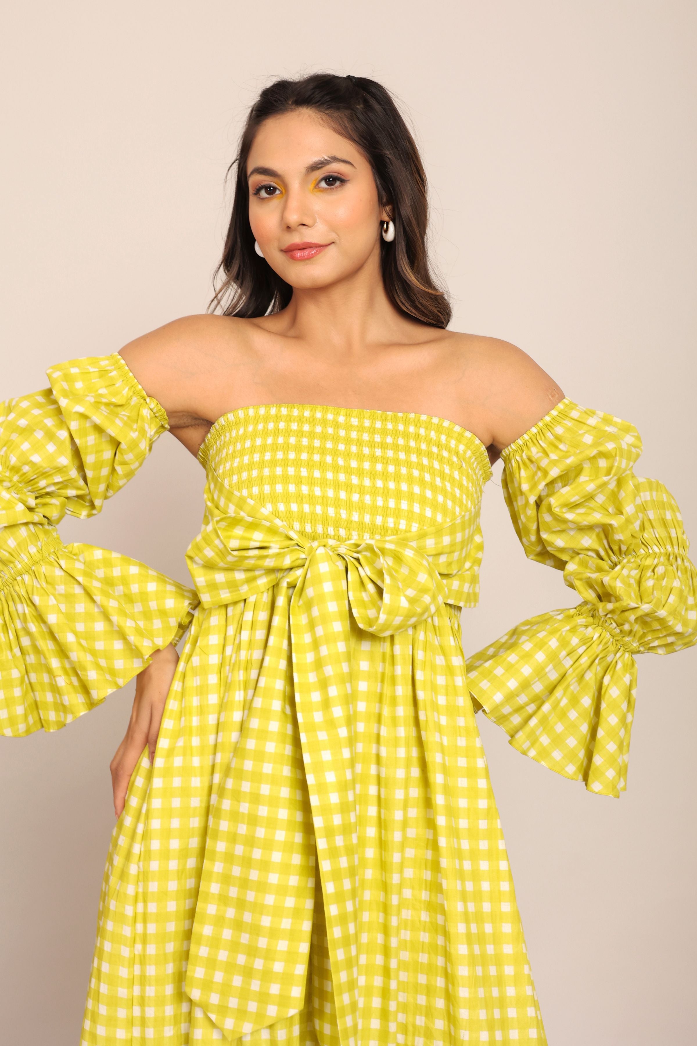 Green Checks 3 Way Styling Volume Sleeves Midi Dress - Kaoribyshreya