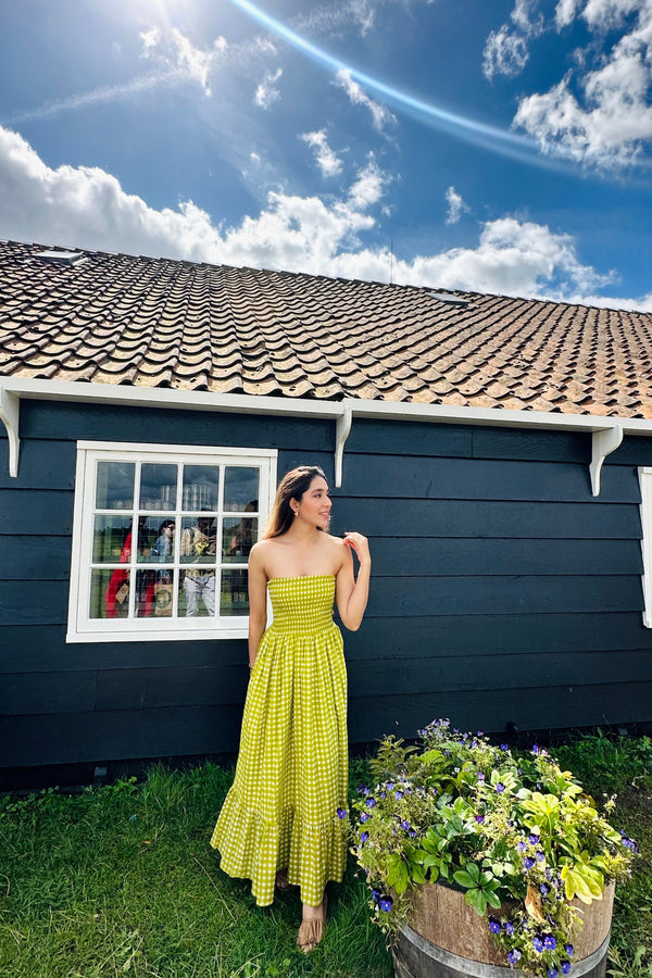 Green Checks 3 Way Styling Volume Sleeves Midi Dress - Kaoribyshreya