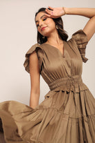 Solid Khaki Green Bust Fitted Skater Midi Dress - Kaoribyshreya