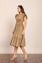 Solid Khaki Green Bust Fitted Skater Midi Dress - Kaoribyshreya
