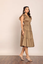 Solid Khaki Green Bust Fitted Skater Midi Dress - Kaoribyshreya