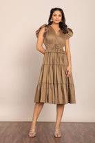 Solid Khaki Green Bust Fitted Skater Midi Dress - Kaoribyshreya