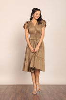 Solid Khaki Green Bust Fitted Skater Midi Dress - Kaoribyshreya