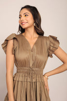 Solid Khaki Green Bust Fitted Skater Midi Dress - Kaoribyshreya