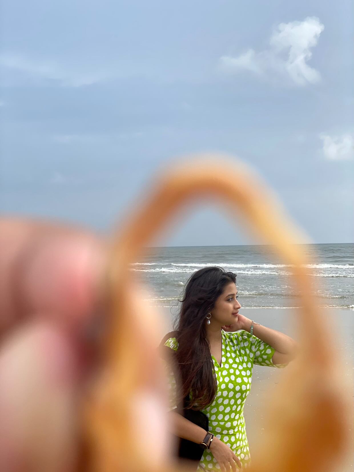 Lime Green Polka Shoulder Gathered Sleeve Dress - Kaoribyshreya