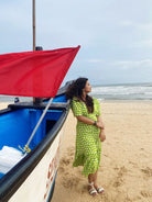 Lime Green Polka Shoulder Gathered Sleeve Dress - Kaoribyshreya