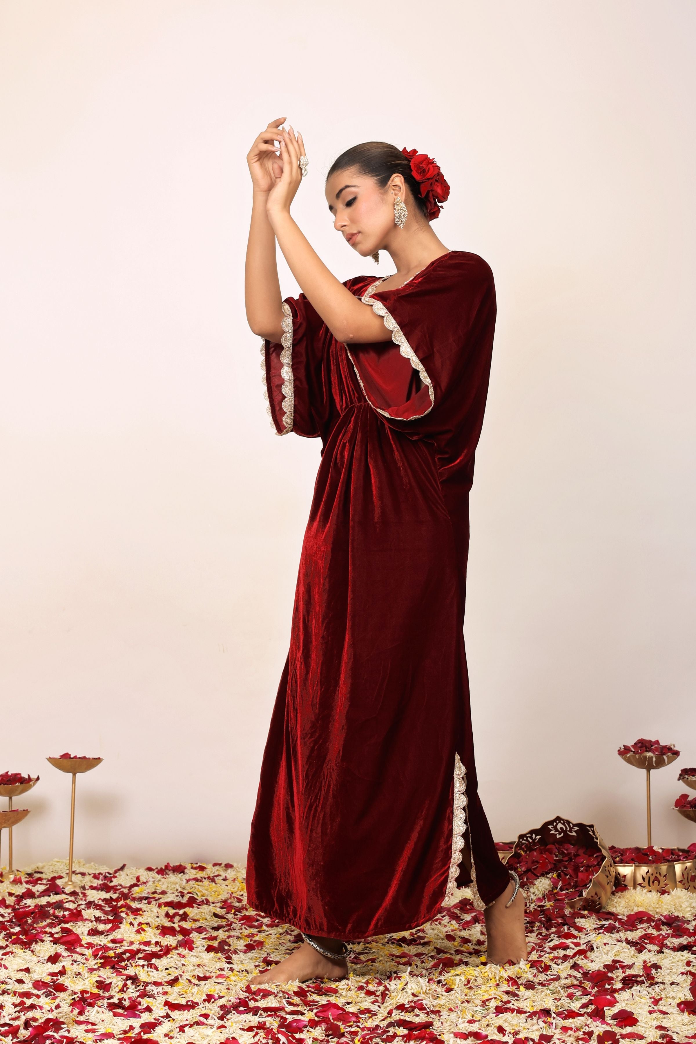 Western Maroon Velvet Kaftan Kurta with elbow-length sleeves - Kaoribyshreya