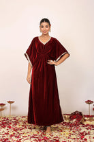 Western Maroon Velvet Kaftan Kurta with elbow-length sleeves - Kaoribyshreya