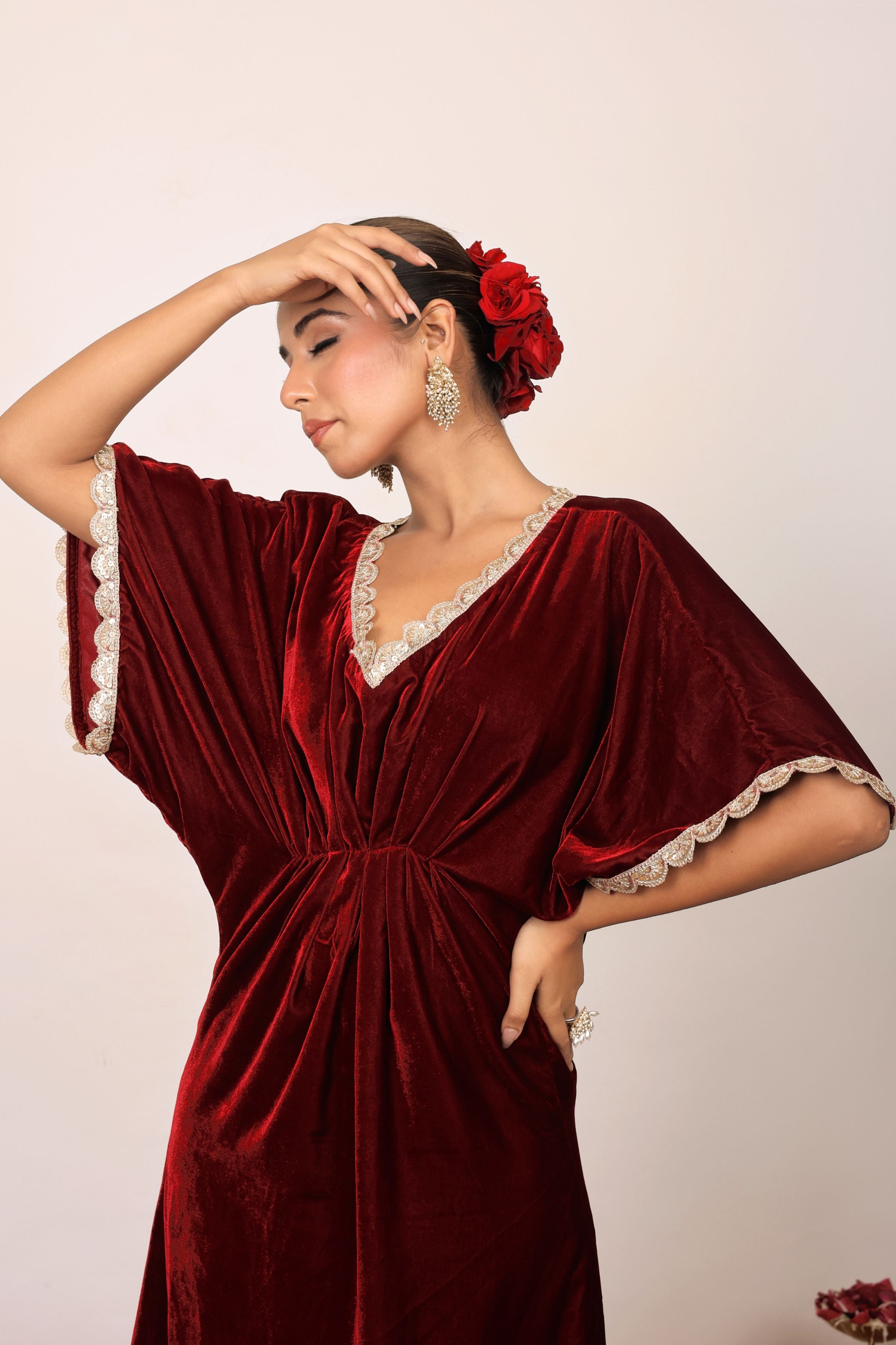Western Maroon Velvet Kaftan Kurta with elbow-length sleeves - Kaoribyshreya