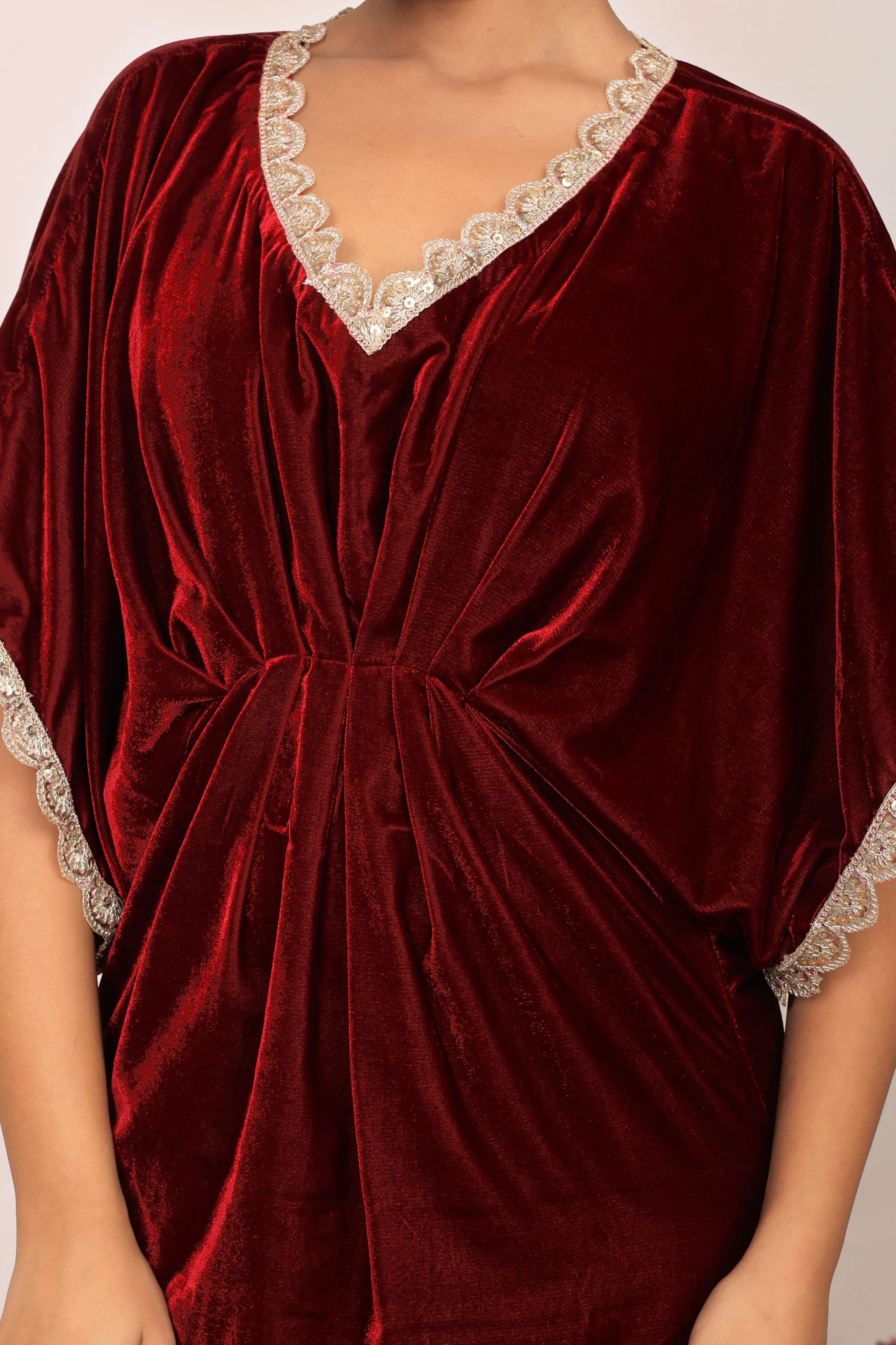 Western Maroon Velvet Kaftan Kurta with elbow-length sleeves - Kaoribyshreya