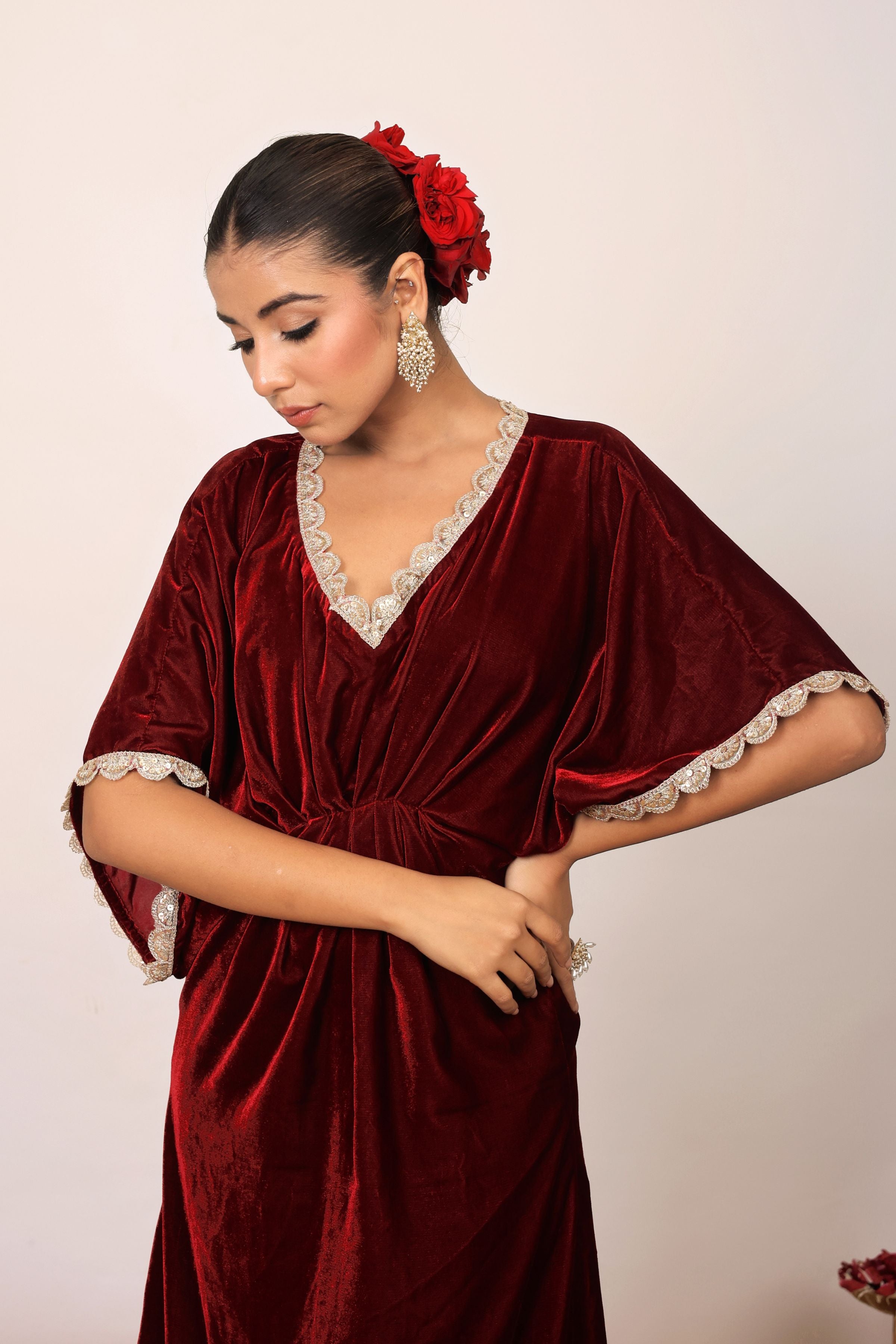 Western Maroon Velvet Kaftan Kurta with elbow-length sleeves - Kaoribyshreya