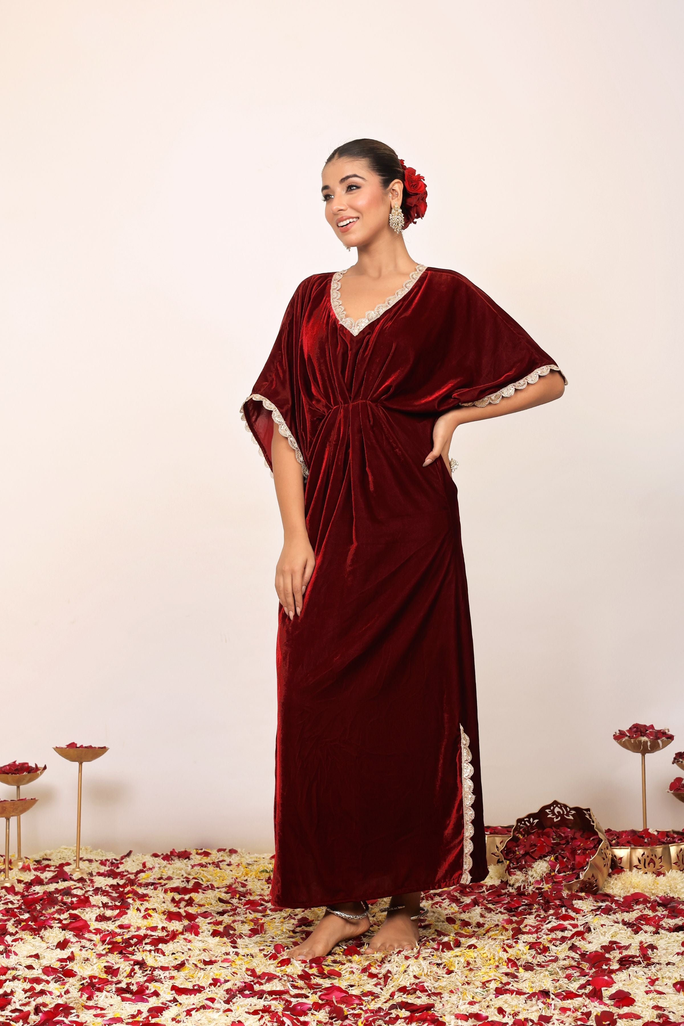 Western Maroon Velvet Kaftan Kurta with elbow-length sleeves - Kaoribyshreya