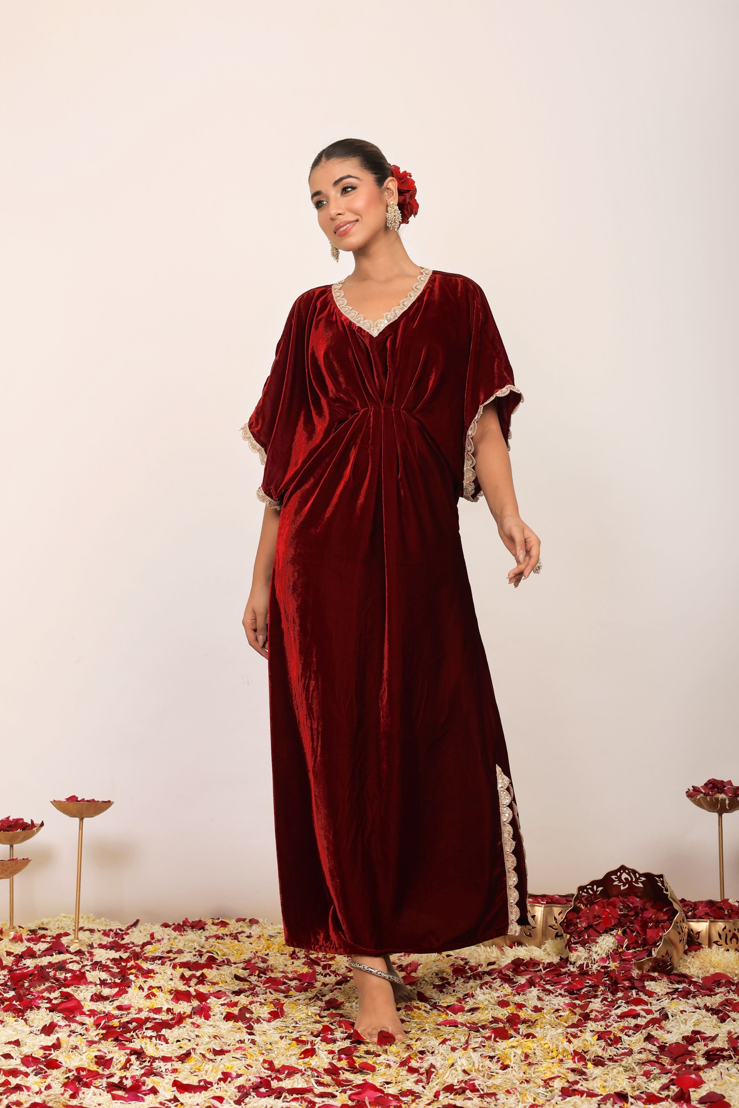 Western Maroon Velvet Kaftan Kurta with elbow-length sleeves - Kaoribyshreya
