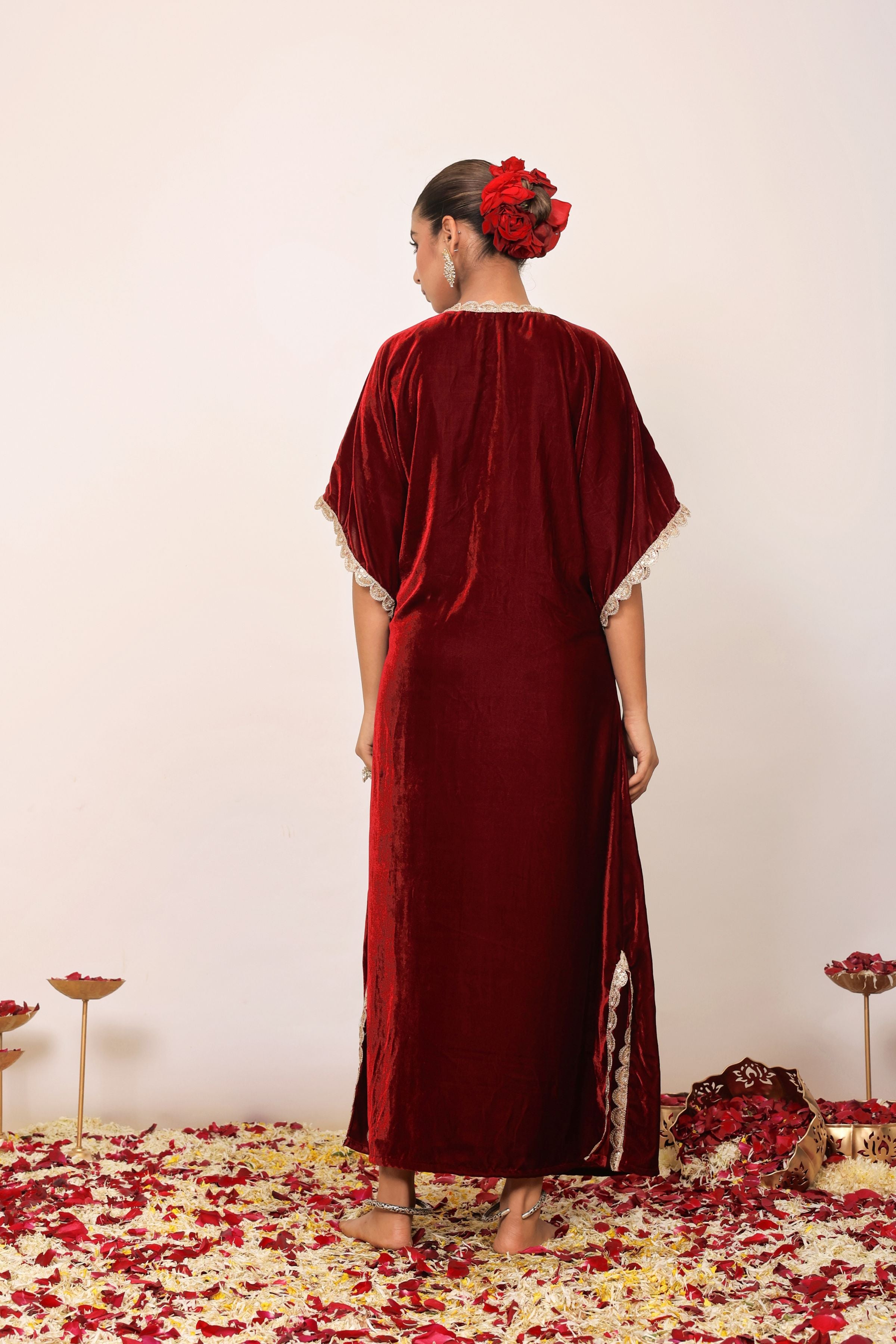 Western Maroon Velvet Kaftan Kurta with elbow-length sleeves - Kaoribyshreya