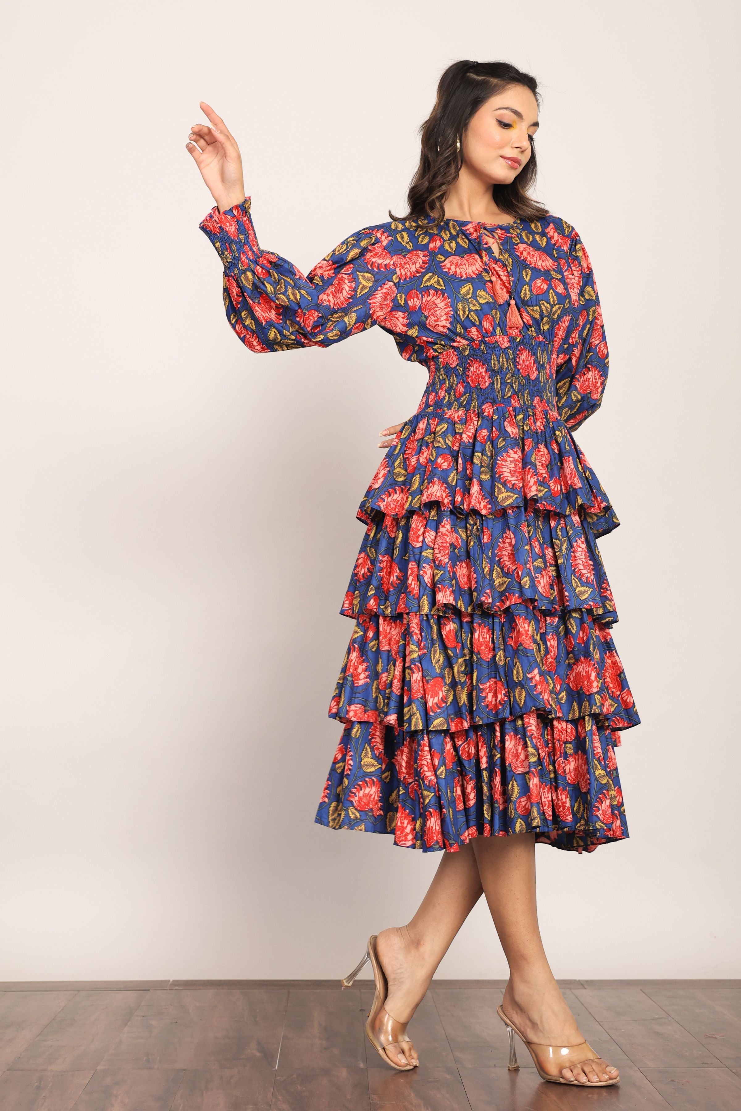 Multicolor Floral 4 Tiers Midi Dress - Kaoribyshreya