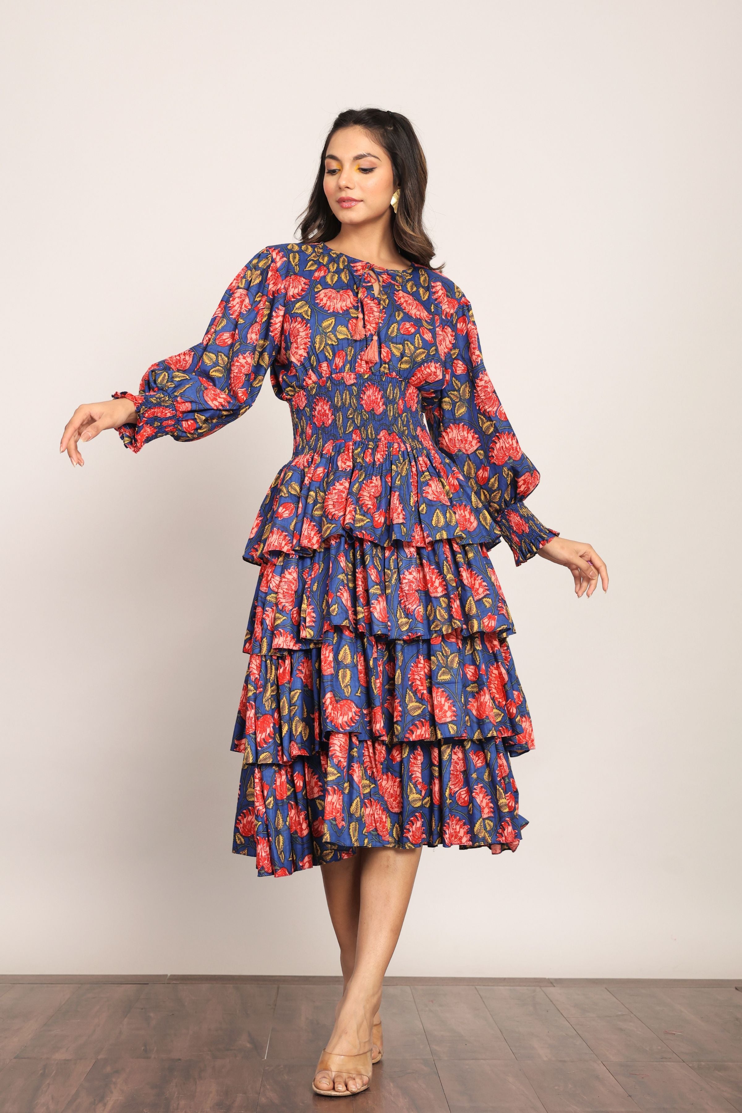 Multicolor Floral 4 Tiers Midi Dress - Kaoribyshreya