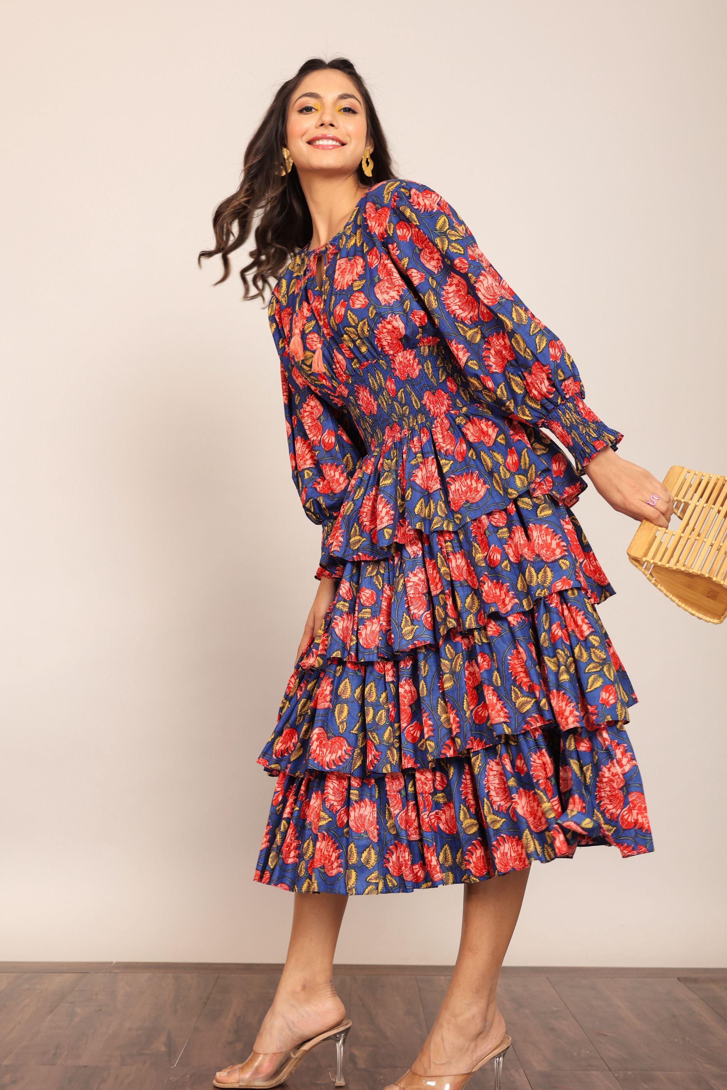 Multicolor Floral 4 Tiers Midi Dress - Kaoribyshreya
