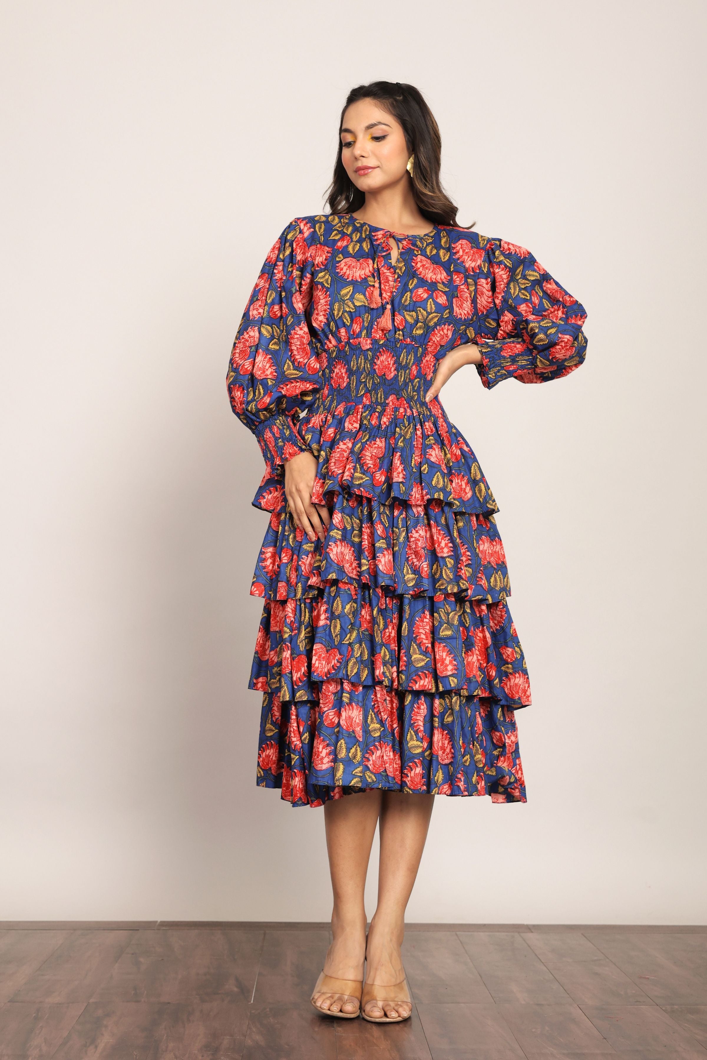 Multicolor Floral 4 Tiers Midi Dress - Kaoribyshreya