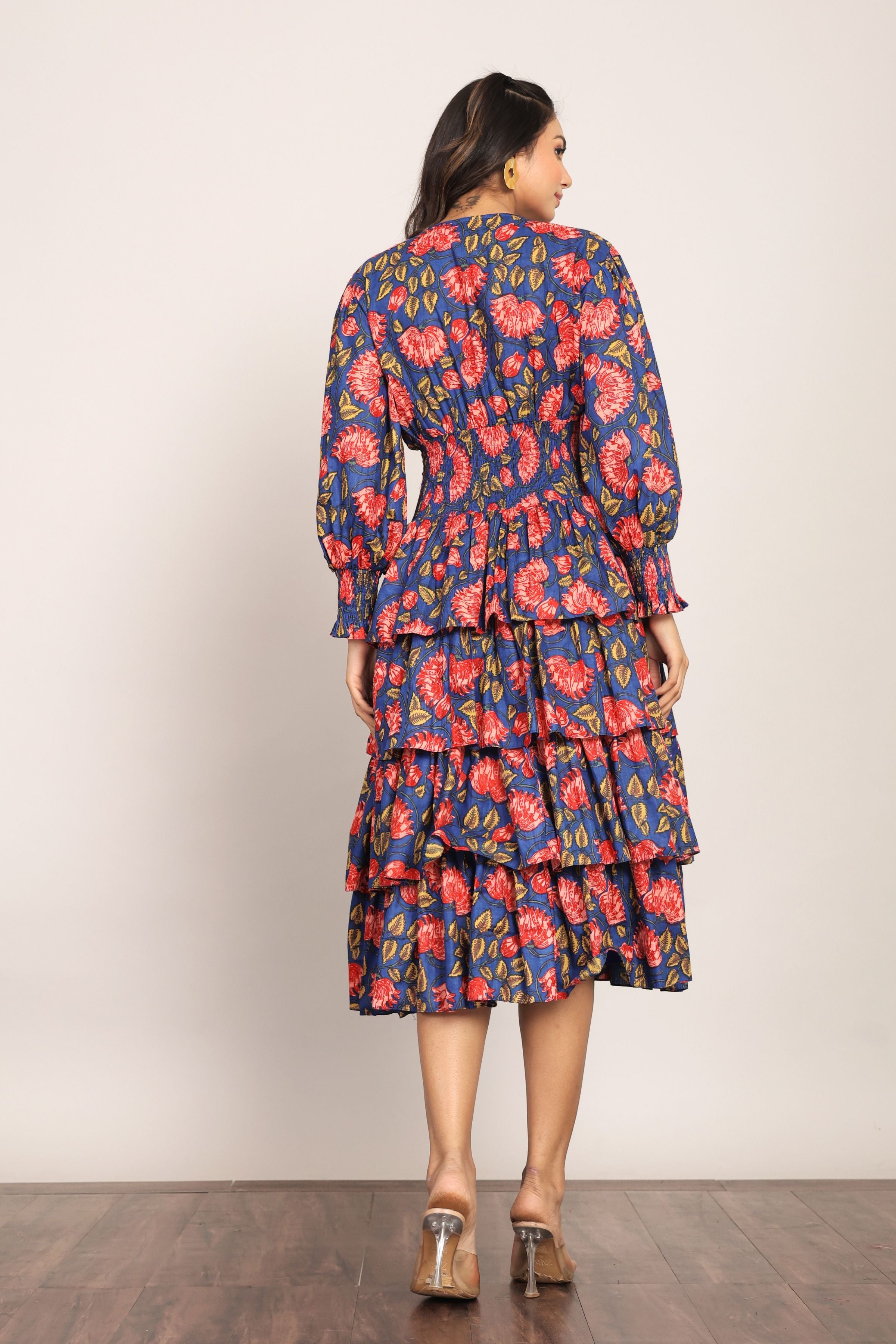 Multicolor Floral 4 Tiers Midi Dress - Kaoribyshreya