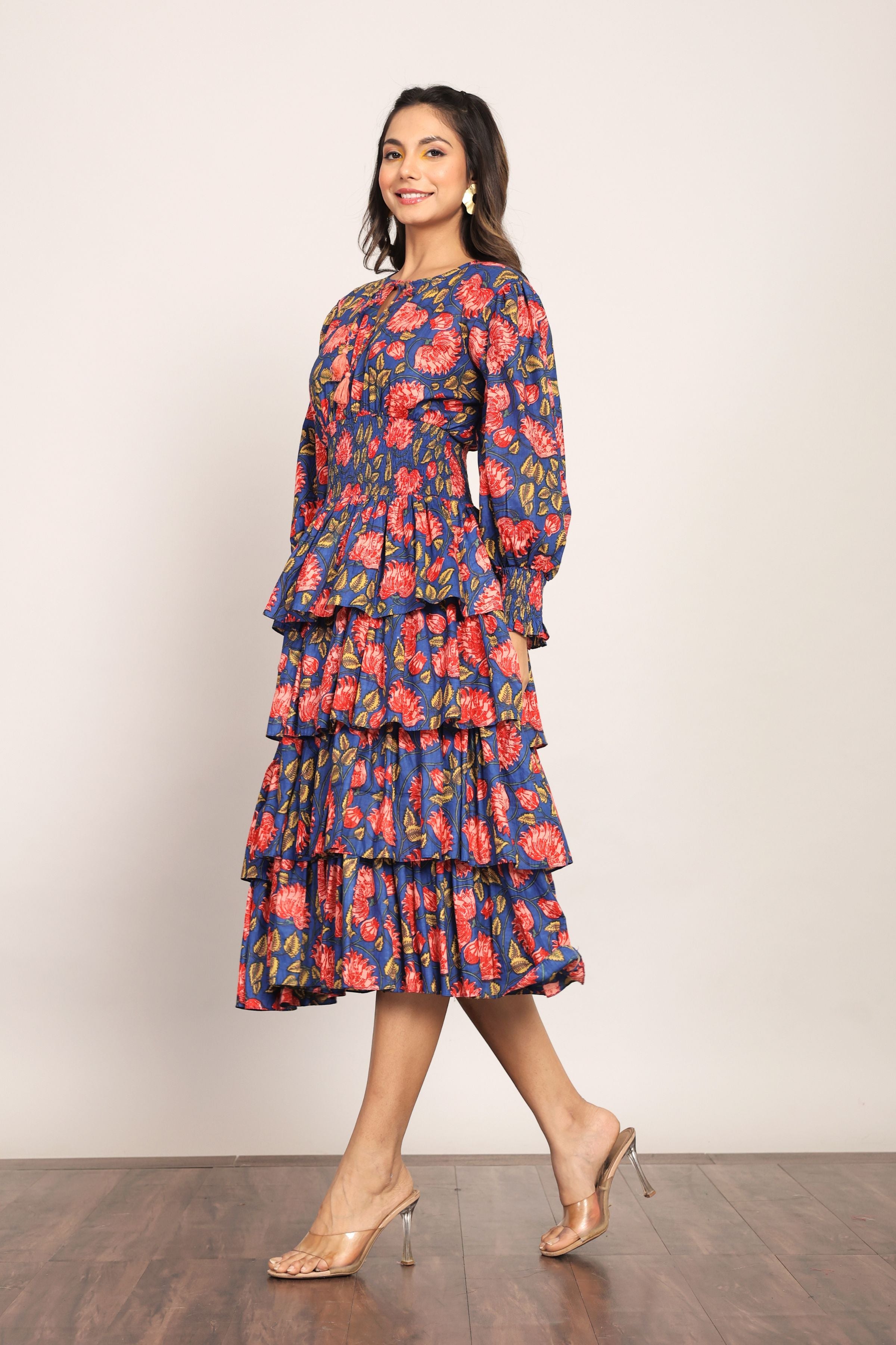 Multicolor Floral 4 Tiers Midi Dress - Kaoribyshreya