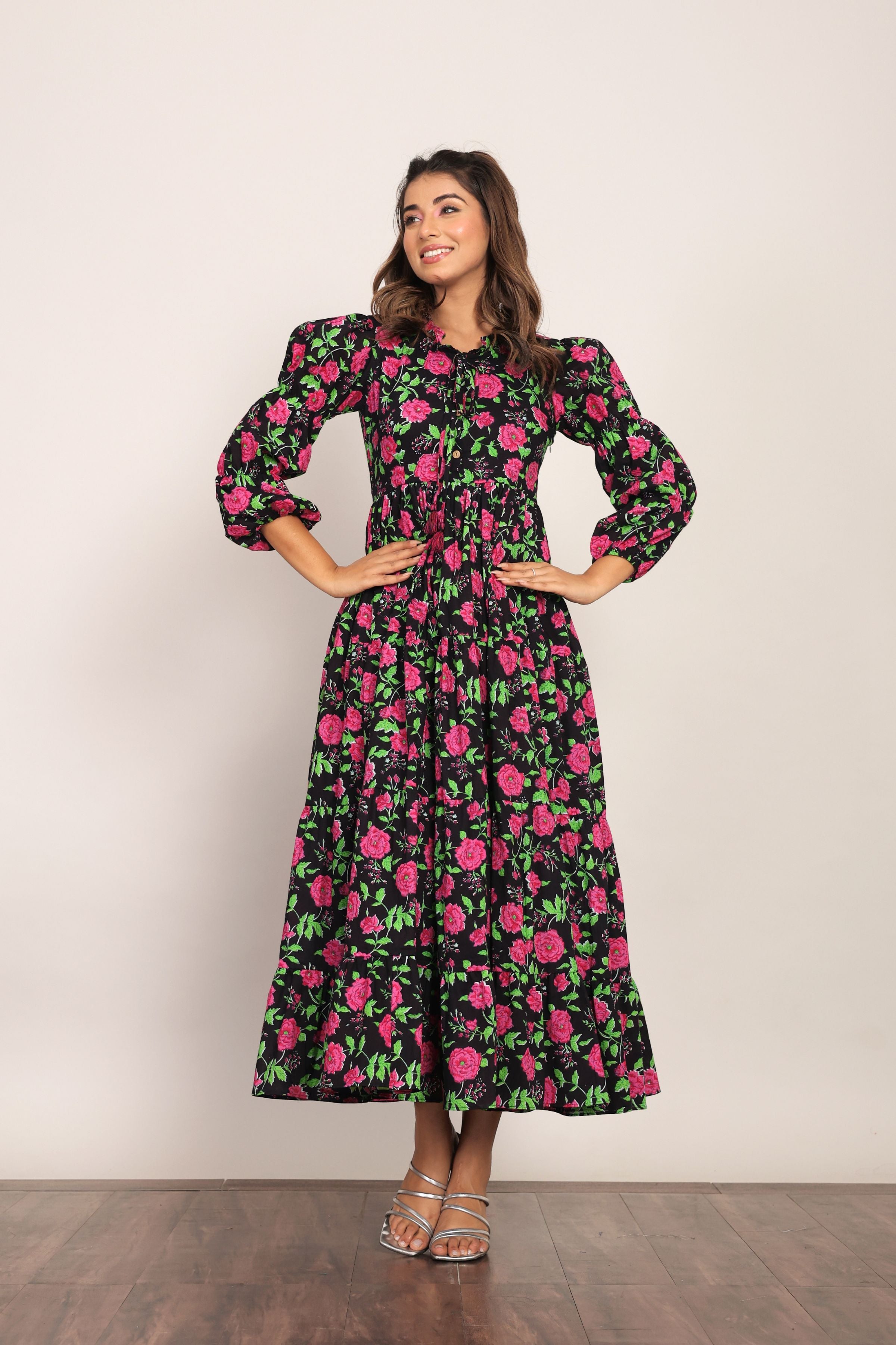 Multicolor Floral Collar Neckline Maxi Dress - Kaoribyshreya