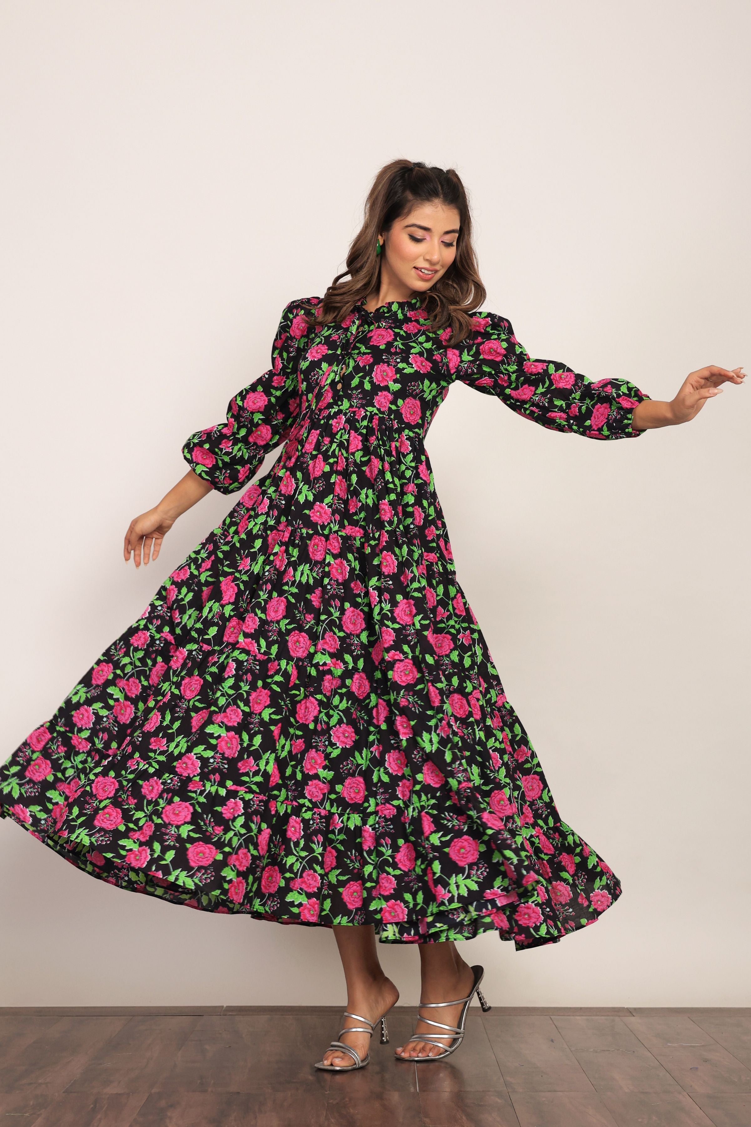 Multicolor Floral Collar Neckline Maxi Dress - Kaoribyshreya
