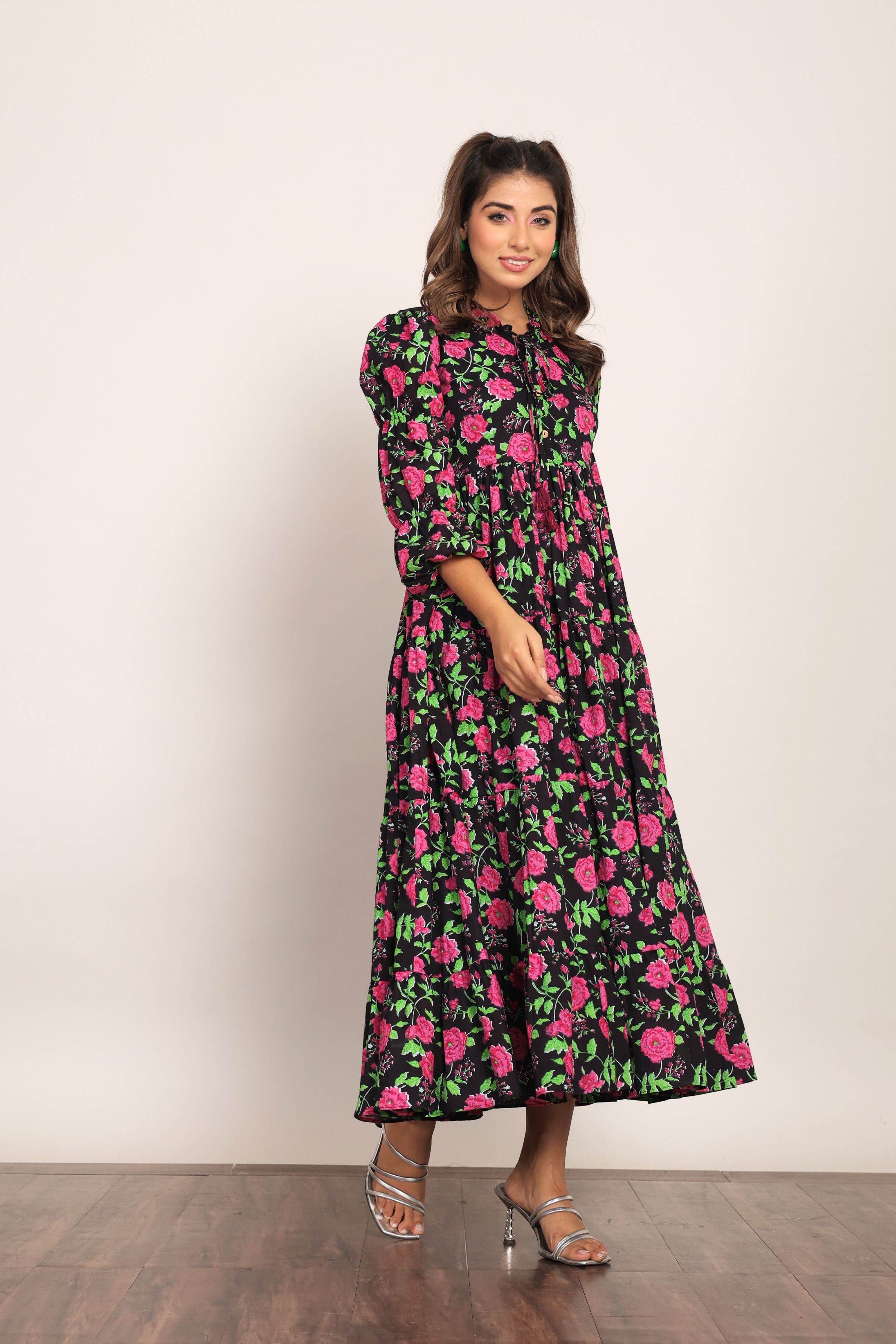 Multicolor Floral Collar Neckline Maxi Dress - Kaoribyshreya
