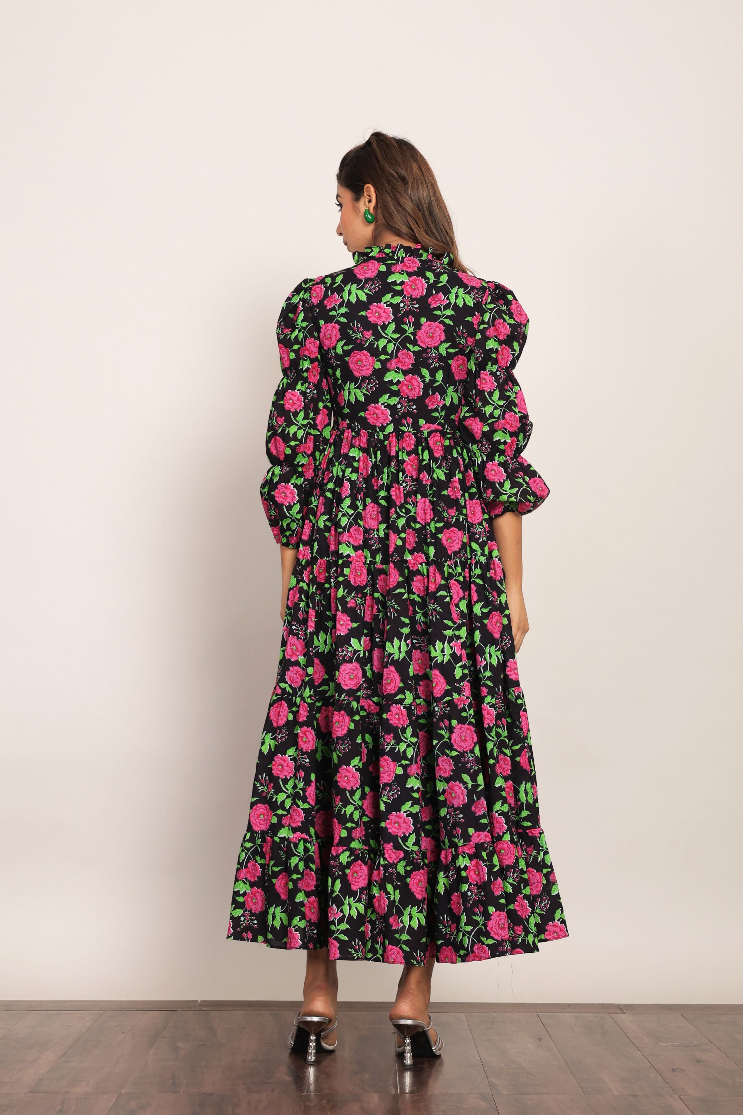 Multicolor Floral Collar Neckline Maxi Dress - Kaoribyshreya