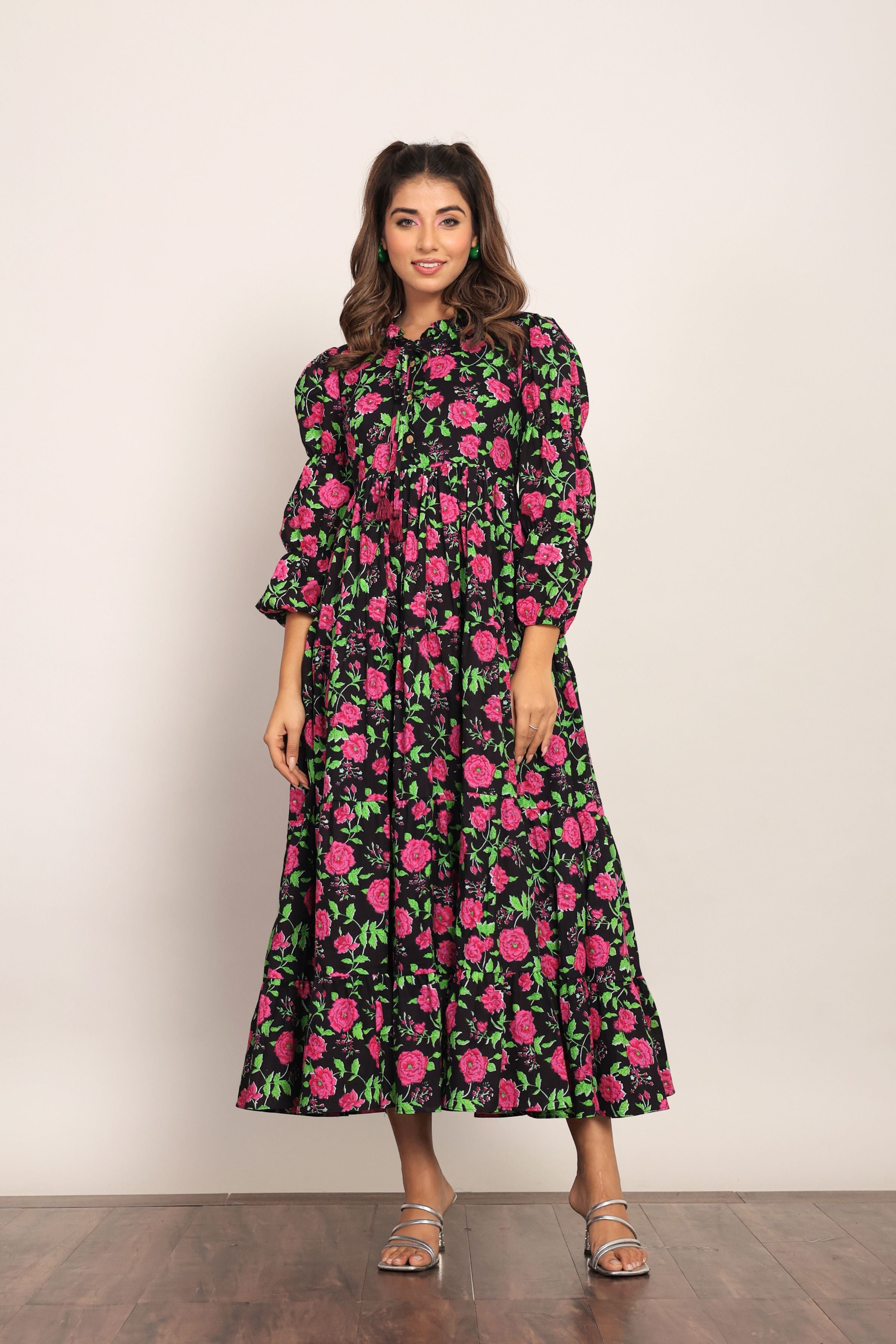 Multicolor Floral Collar Neckline Maxi Dress - Kaoribyshreya