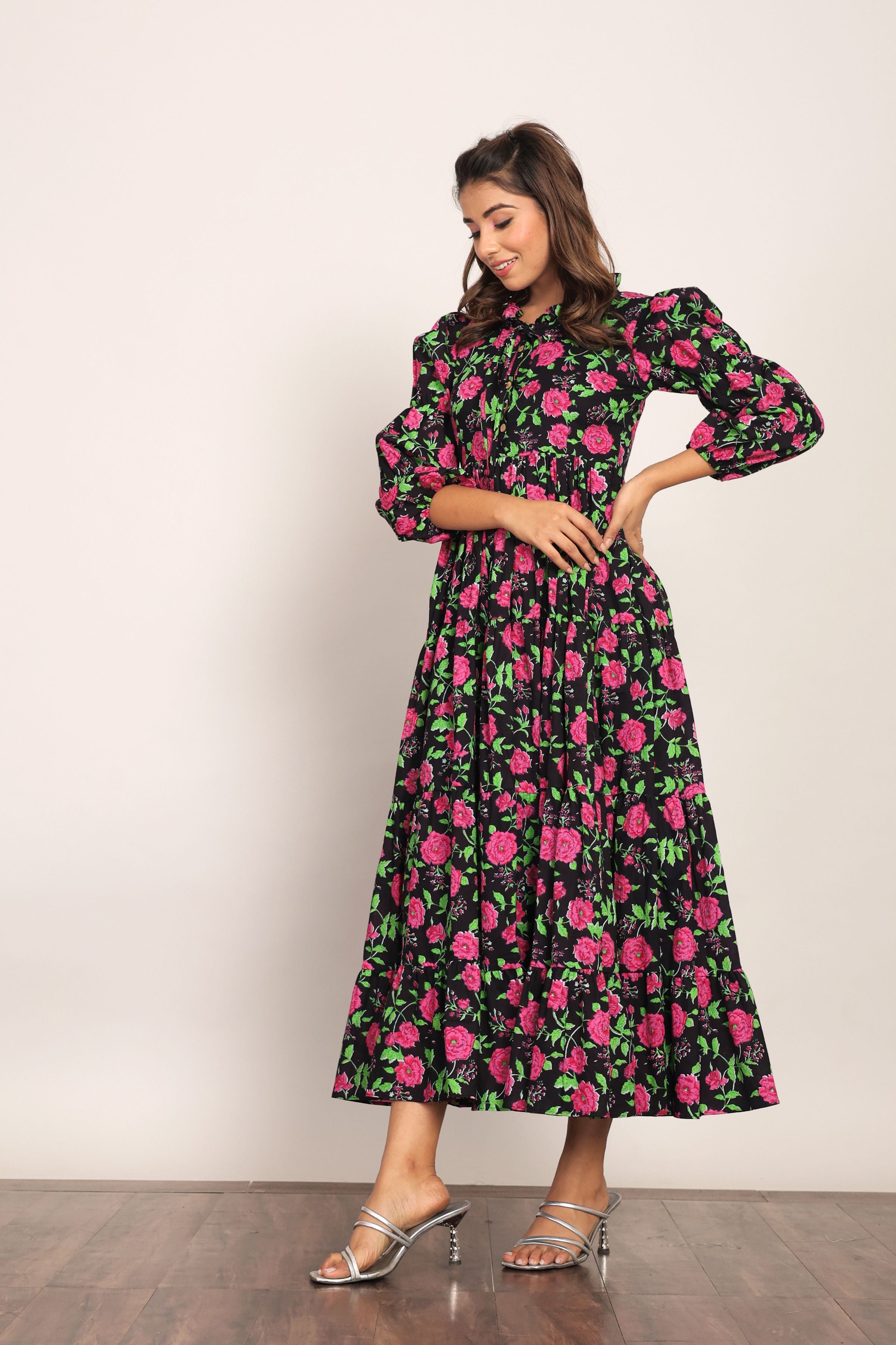 Multicolor Floral Collar Neckline Maxi Dress - Kaoribyshreya