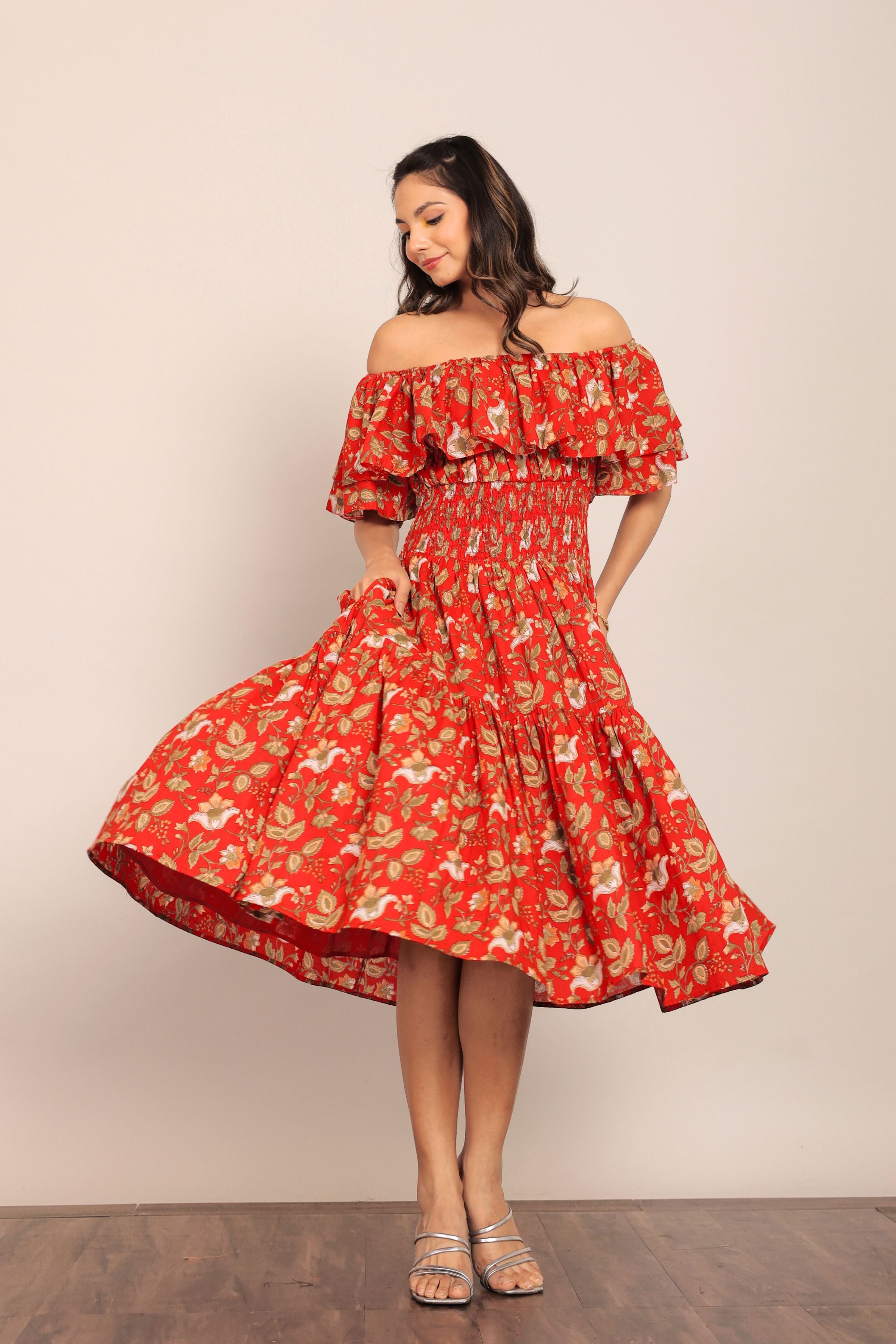 Multicolor Floral Off Shoulder Waist Fitted Midi Dress - Kaoribyshreya