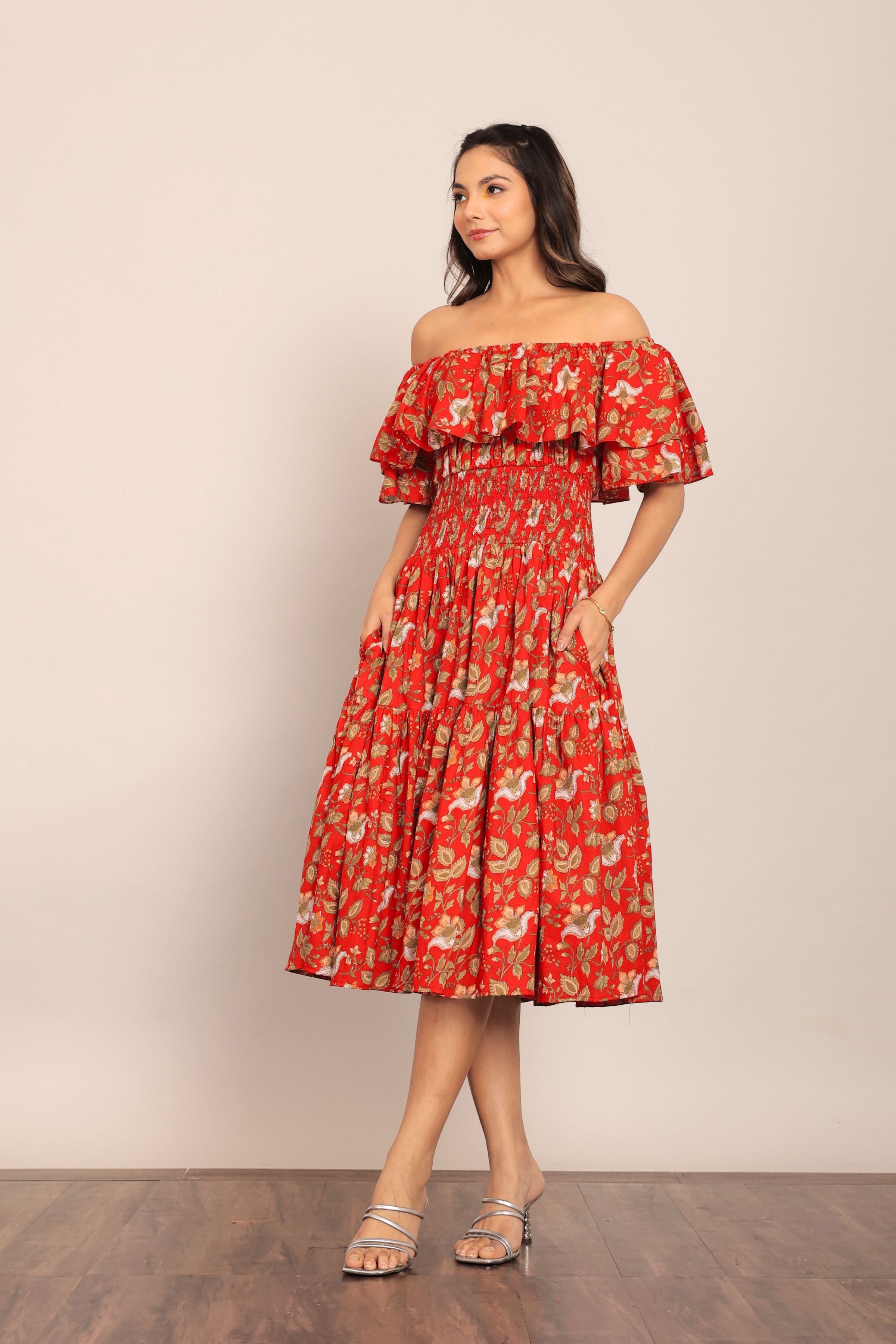Multicolor Floral Off Shoulder Waist Fitted Midi Dress - Kaoribyshreya