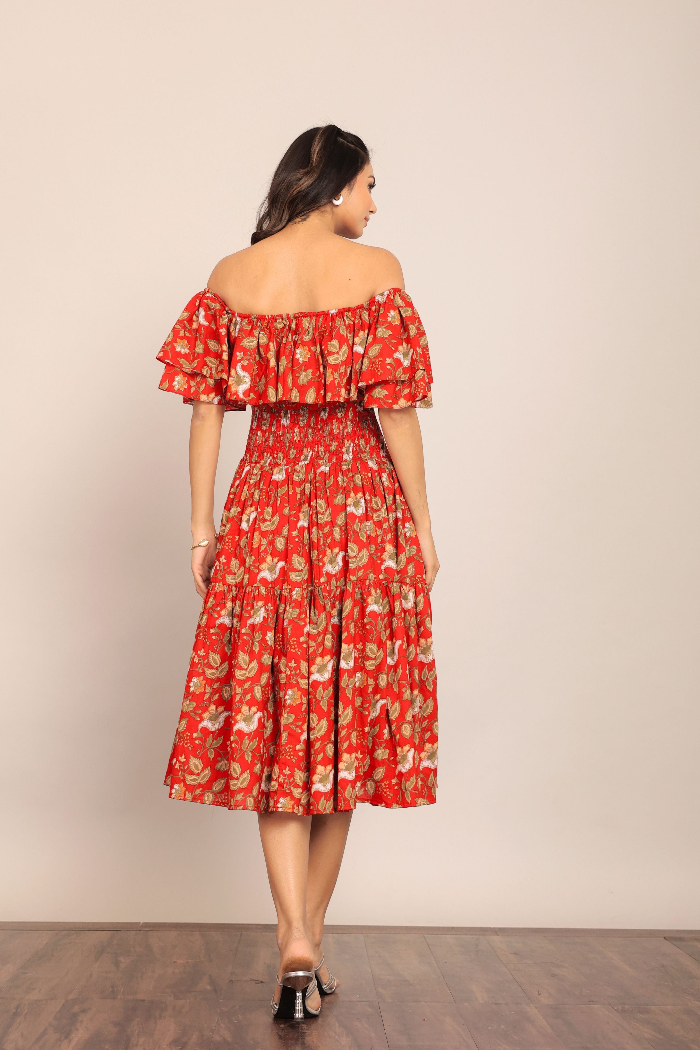 Multicolor Floral Off Shoulder Waist Fitted Midi Dress - Kaoribyshreya