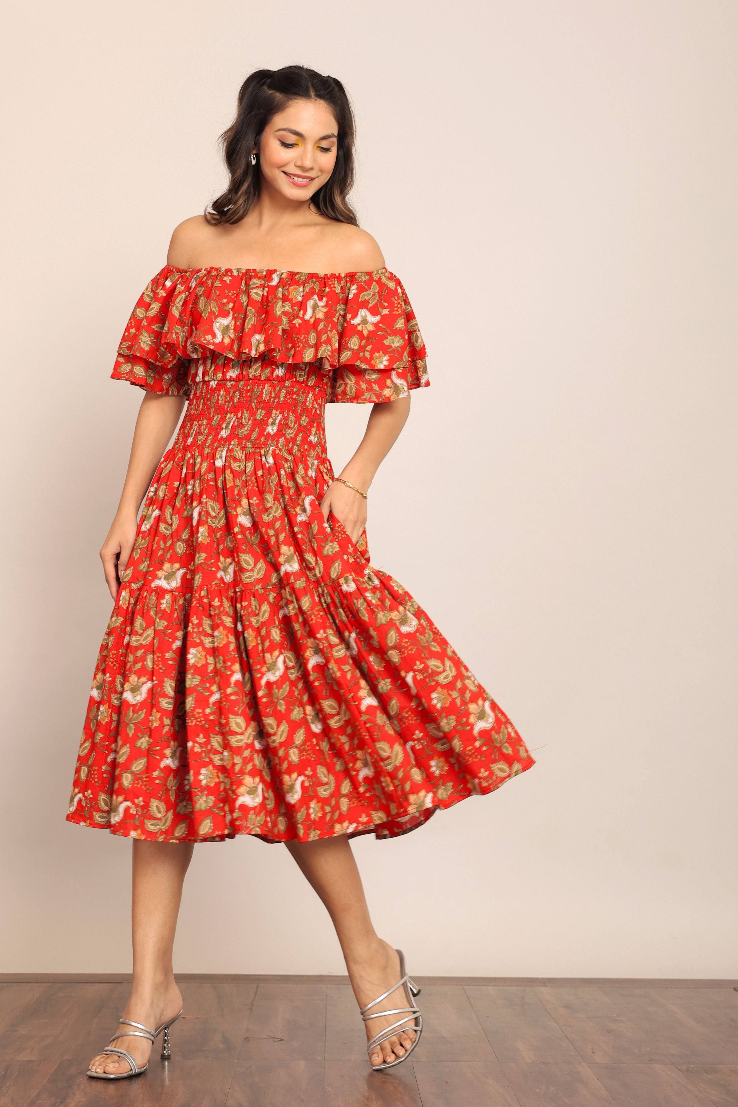 Multicolor Floral Off Shoulder Waist Fitted Midi Dress - Kaoribyshreya