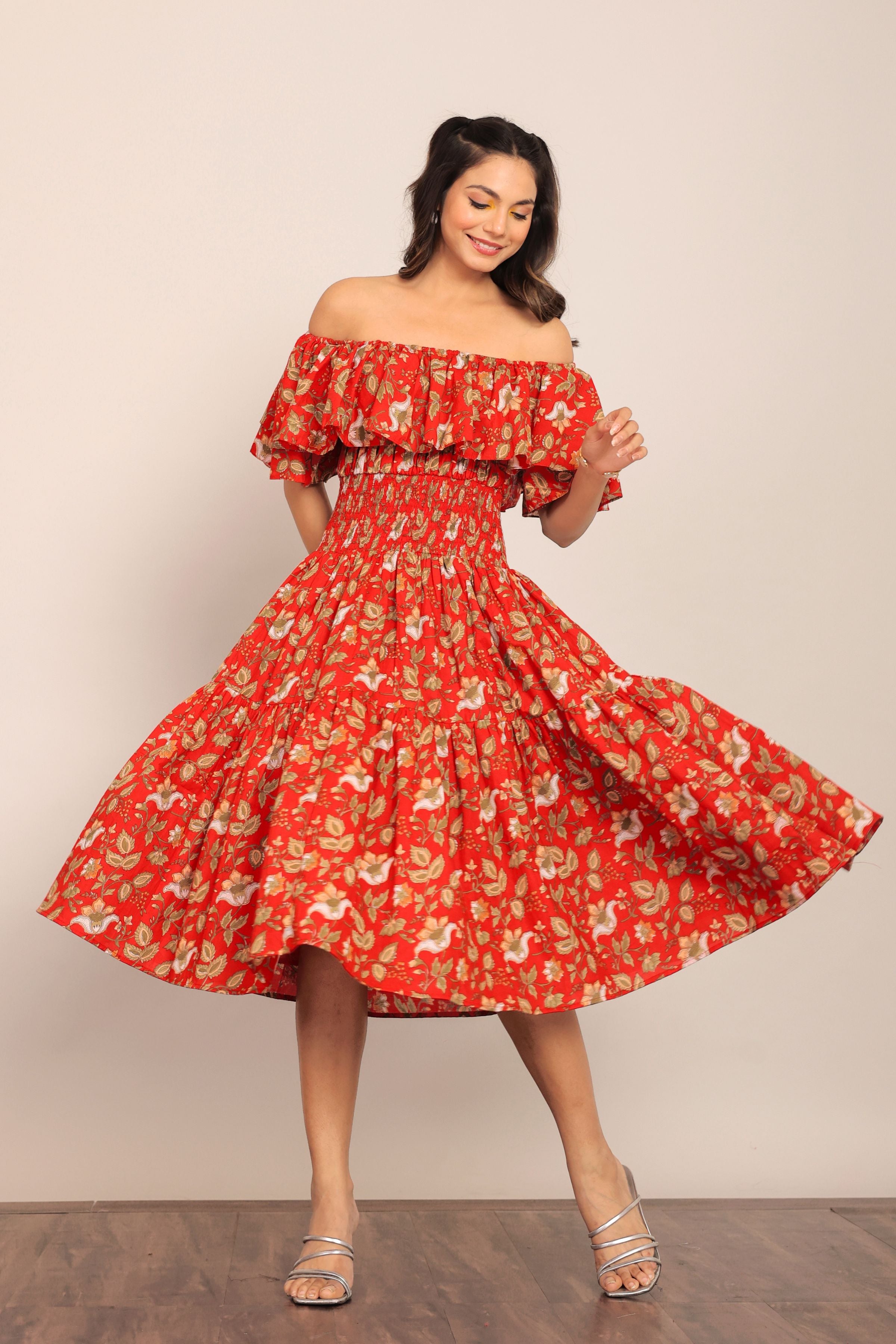 Multicolor Floral Off Shoulder Waist Fitted Midi Dress - Kaoribyshreya