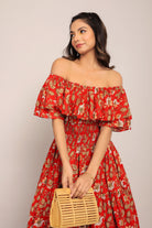 Multicolor Floral Off Shoulder Waist Fitted Midi Dress - Kaoribyshreya